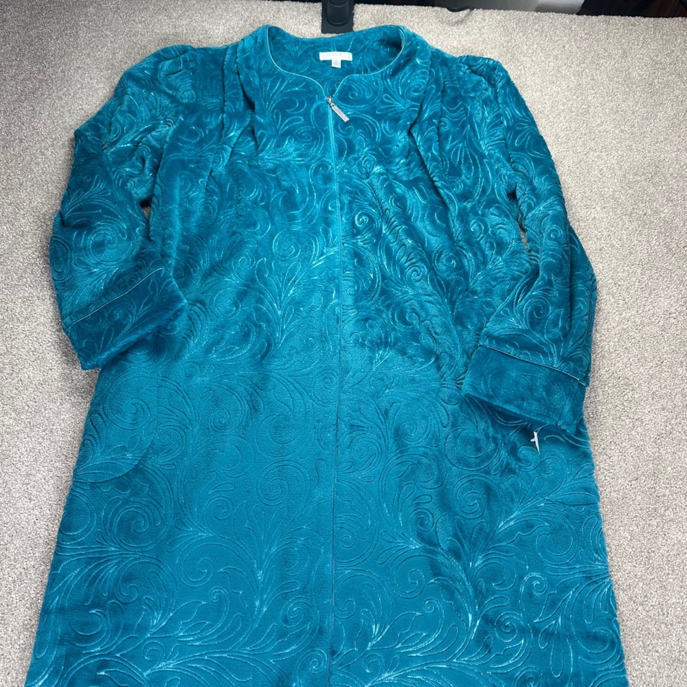 Jasmine Rose Teal Velour Swirl‎ Embossed Zip Up Robe Loungewear Womens S